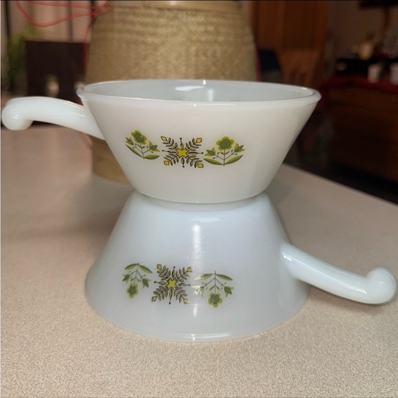 Vintage Fire King "Meadow Green" Milk Glass Handled Soup Bowls | Set of 2 - Picture 2 of 12